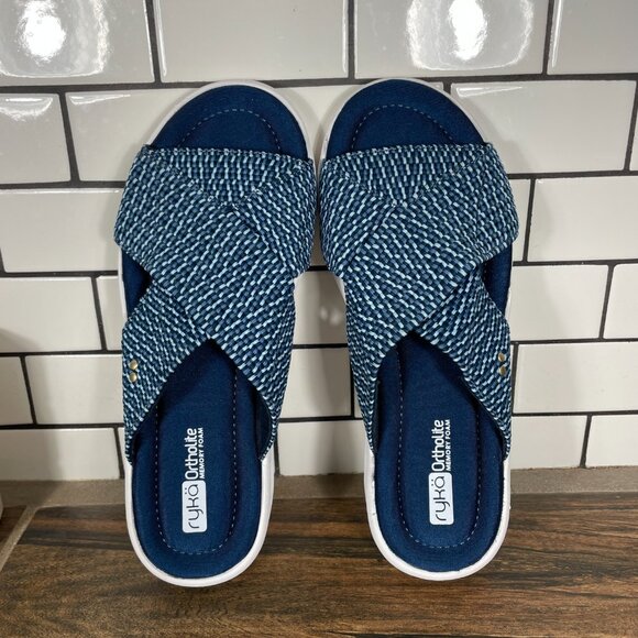 Ryka Nadine Womens Size 8 Shoes Navy Blue Stretch Cross Strap Wedge Slide Sandal - Picture 8 of 14